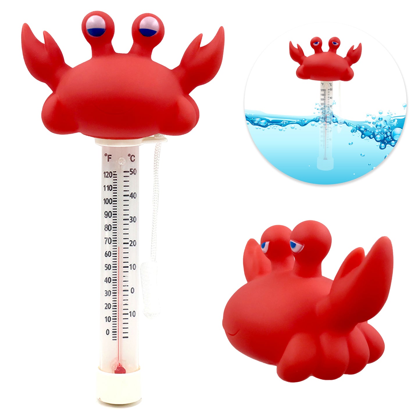 XY-WQ Floating Pool Thermometer, Large Size Easy Read for Water Temperature, Shatter Resistant with String for Outdoor and Indoor Swimming Pools and Spas (Crab)