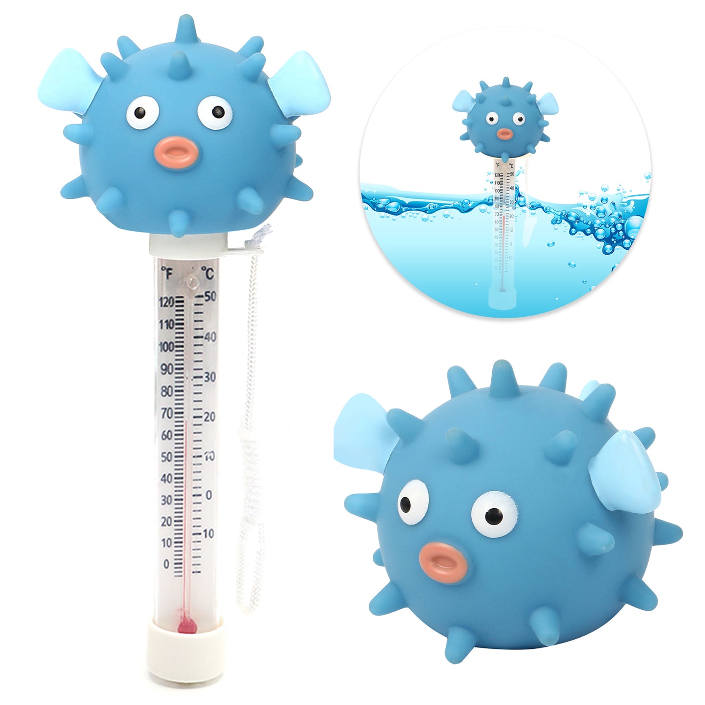XY-WQ Floating Pool Thermometer, Large Size Easy Read for Water Temperature, Shatter Resistant with String for Outdoor and Indoor Swimming Pools and Spas (Puffer)
