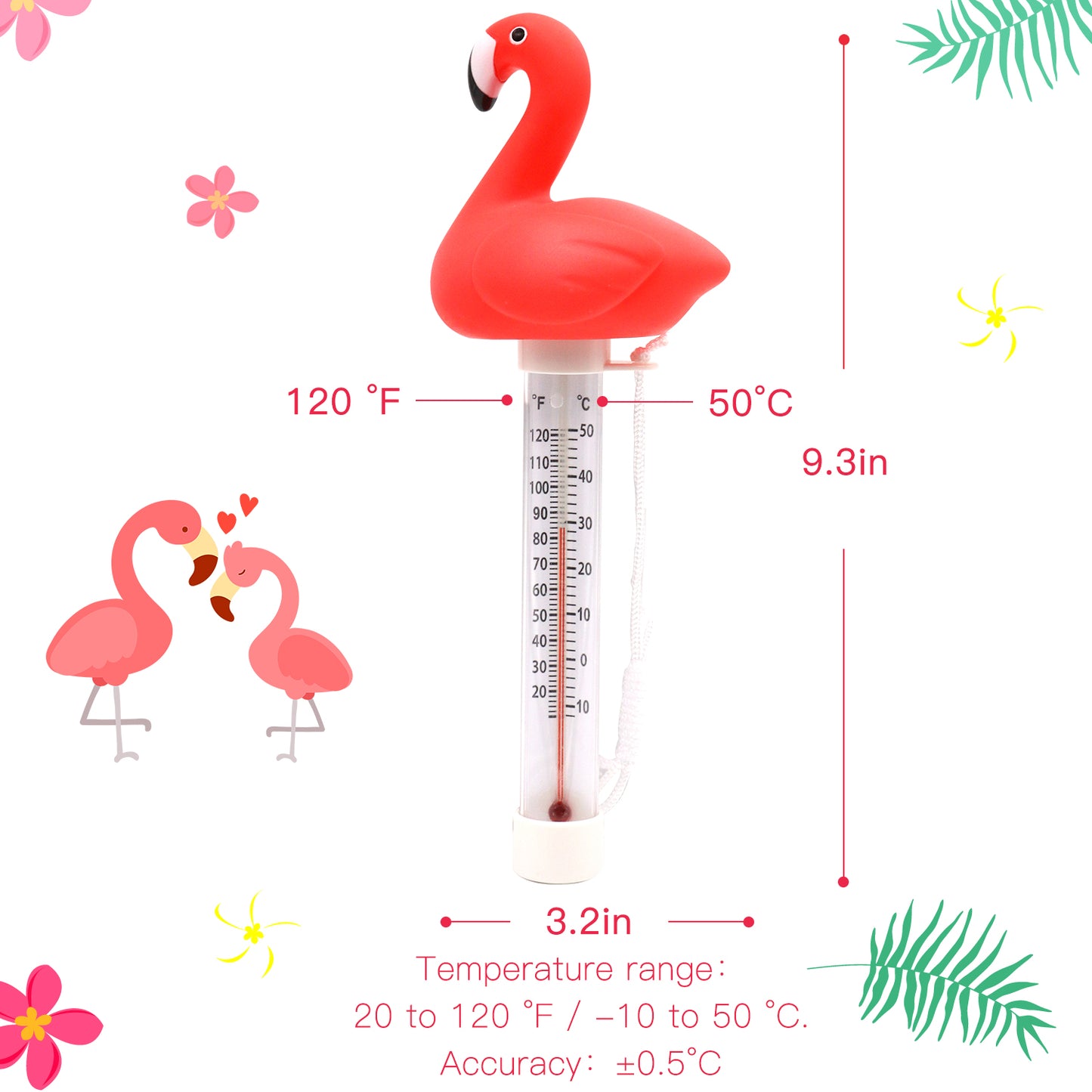 XY-WQ Floating Pool Thermometer, Large Size Easy Read for Water Temperature, Shatter Resistant with String for Outdoor and Indoor Swimming Pools and Spas (Flamingo)