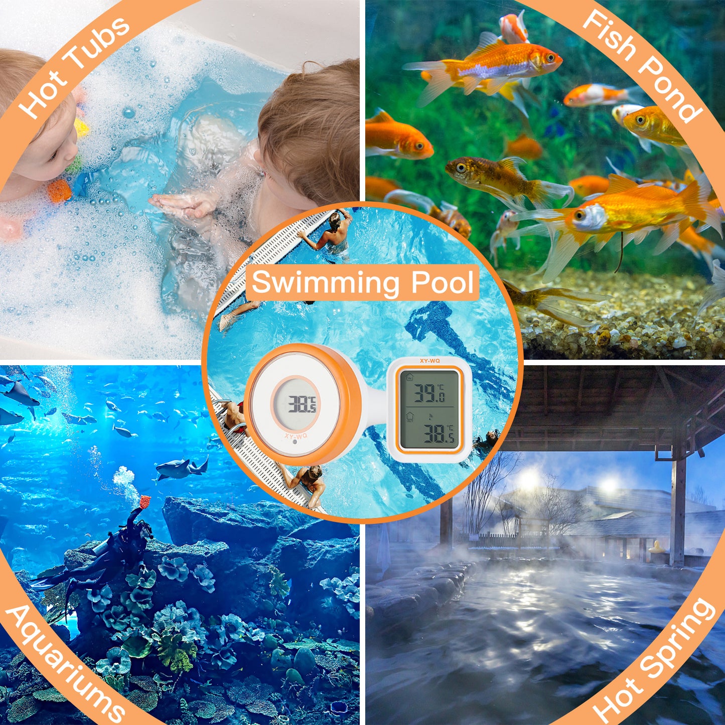 XY-WQ Wireless Pool Thermometer Floating Easy Read, Remote Digital Pool Thermometer for Swimming Pool, Koi Ponds, and Hot Tubs (XY-P01W, Orange, Easily Spot It)