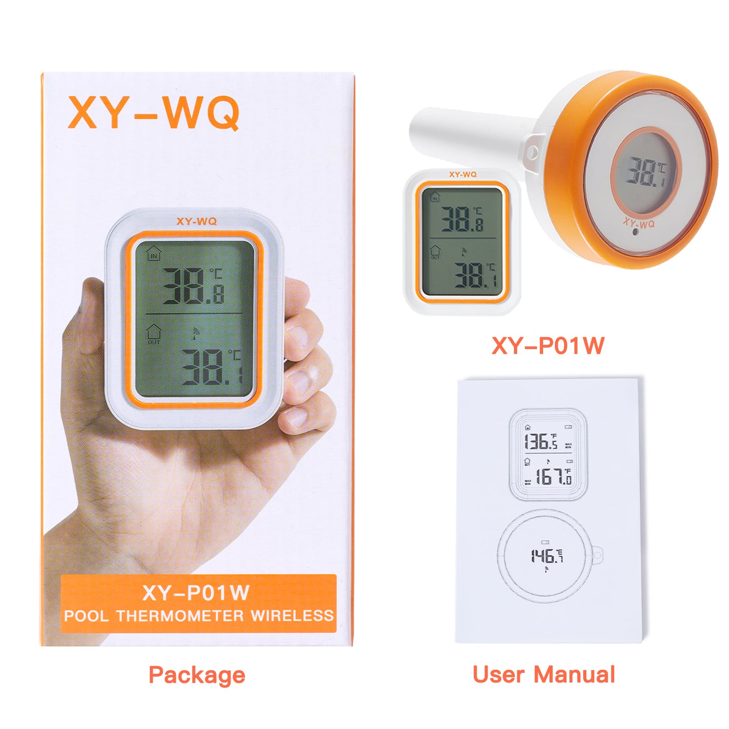 XY-WQ Wireless Pool Thermometer Floating Easy Read, Remote Digital Pool Thermometer for Swimming Pool, Koi Ponds, and Hot Tubs (XY-P01W, Orange, Easily Spot It)