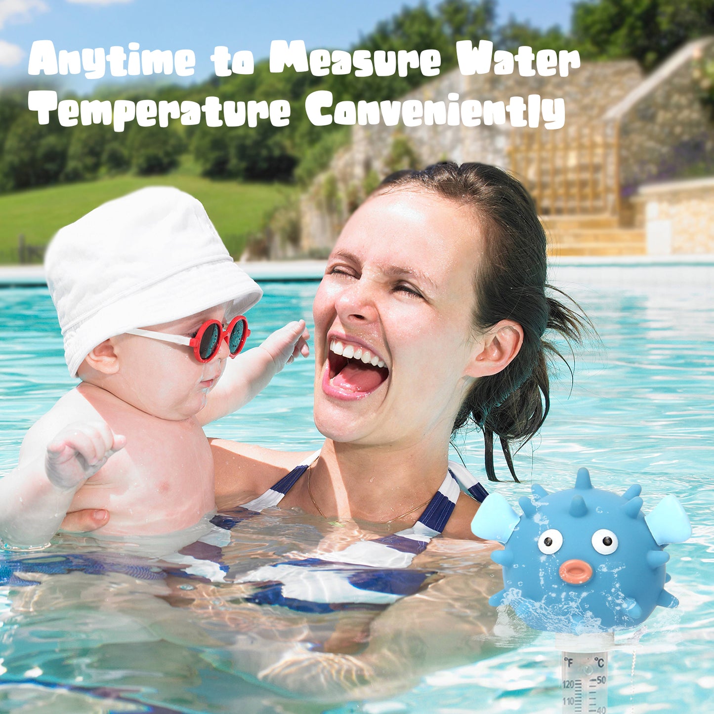 XY-WQ Floating Pool Thermometer, Large Size Easy Read for Water Temperature, Shatter Resistant with String for Outdoor and Indoor Swimming Pools and Spas (Puffer)