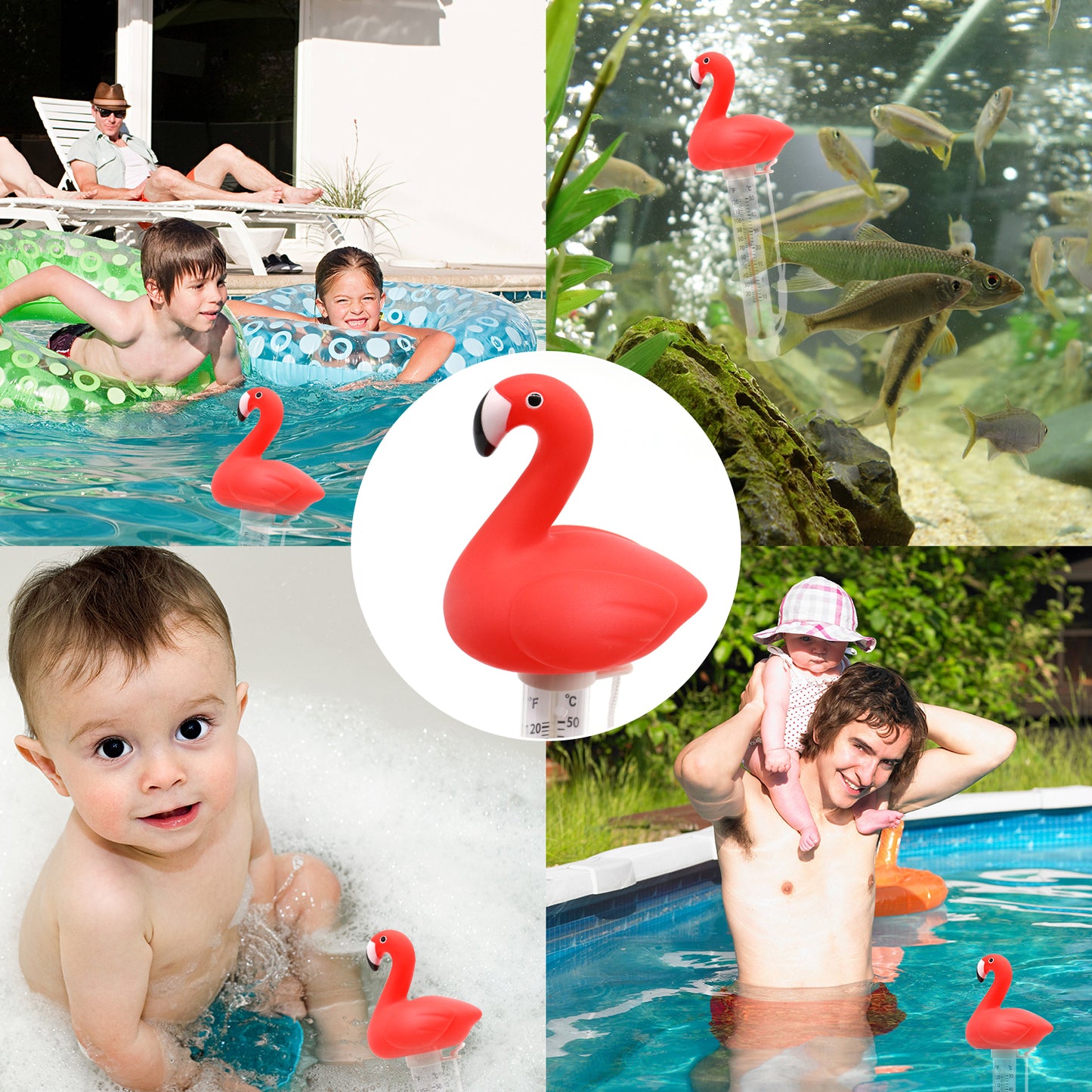 XY-WQ Floating Pool Thermometer, Large Size Easy Read for Water Temperature, Shatter Resistant with String for Outdoor and Indoor Swimming Pools and Spas (Flamingo)