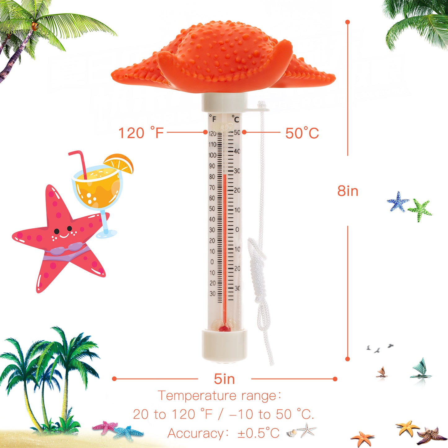 Floating Pool Thermometer, Large Size Easy Read for Water Temperature,  Shatter Resistant with String for Outdoor and Indoor Swimming Pools and Spas